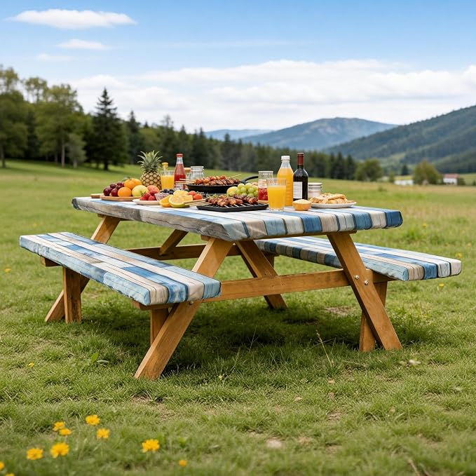 Picnic Table Cover with Bench Covers Camping Essentials Reusable Waterproof Windproof Camping Tablecloth Fitted Rectangle Tables and Seats, 72in, Blue White Wood