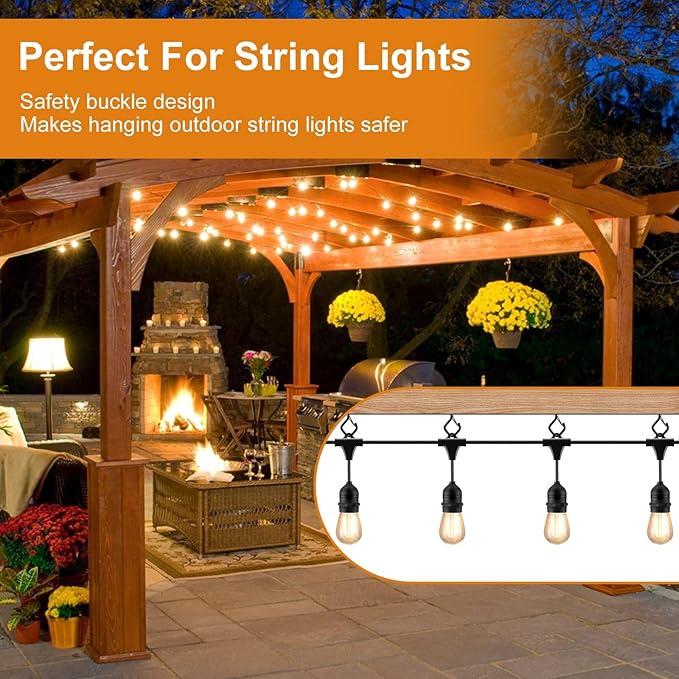 100 Pcs Screw Hooks for Outdoor String Lights, Q-Hanger Hook with Safety Buckle, Patio Wall Ceilling Square Eye Cup Hook for Hanging Plant Pots Christmas Decor Wire Fairy Led, Wind Nut Driver, Black