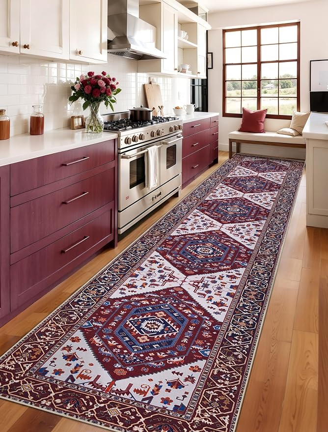 SERISSA 2'6"x14' Washable Non Slip Boho Runner Rug for Hallway | Ultra Soft Vintage Oriental Carpet Low-Pile Burgundy Navy Floor Carpet for Kitchen Bedroom Entryway Bathroom Laundry Room