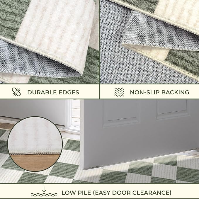 LIVEBOX Checkered Round Rug 6 Ft Washable Area Rug for Playroom Classroom, Kids Non-Slip Neutral Classic Circle Rug Geometric Large Carpet Soft Boys Nursery Rug for Dorm Bedroom(Sage Green,180R)