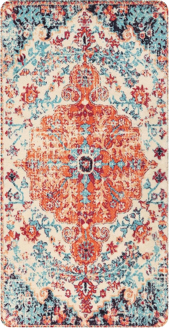 Lahome Bohemian Floral Medallion Runner Rug - 2x4 Washable Laundry Room Hallyway Runner Rug Doormat,Oriental Distressed Faux Wool Non-Slip Bath Mat Low-Pile Carpet for Kitchen Bathroom Entryway,Orange