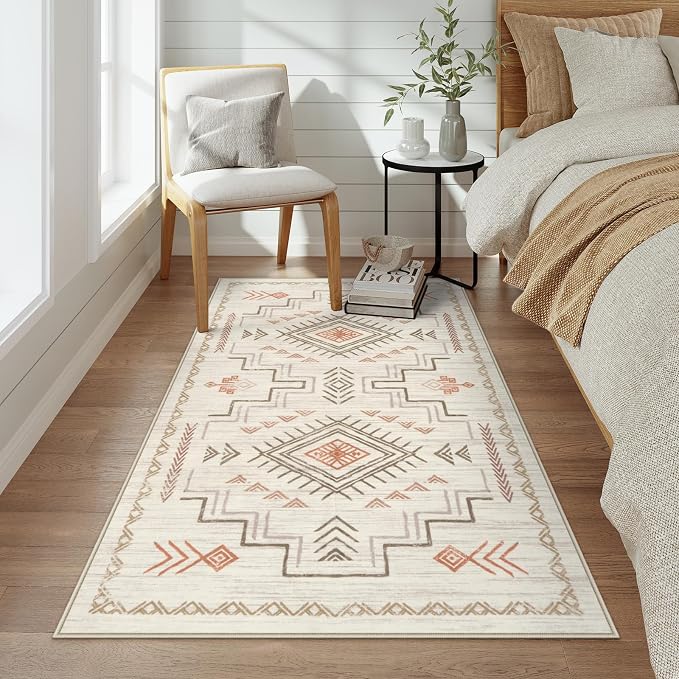 STARUIA 3x5 Washable Area Rug Western Clearance, Non-Slip Small Entryway Rug Beige Aztec Tribal Classic Boys Rug for Bedroom Low-Pile Carpet for Indoor Kitchen Bathroom(Beige 3'x5')