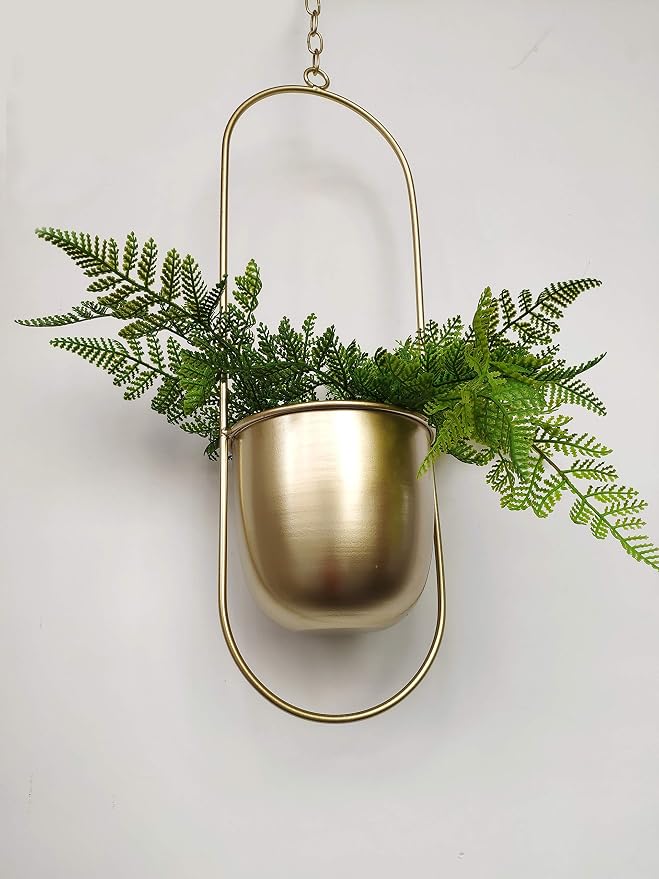 RISEON Boho gold Metal Plant Hanger,Metal Wall and Ceiling Hanging Planter, Modern Planter, Mid Century Flower Pot Plant Holder, Minimalist Planter for Indoor Outdoor Home Decor