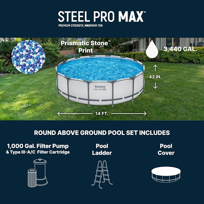 Bestway Steel Pro MAX 14' x 42" Above Ground Swimming Pool Set with Pump | Durable Round Metal Frame Outdoor Backyard Pool, Puncture-Resistant Liner - Ladder and Cover Included, Gray