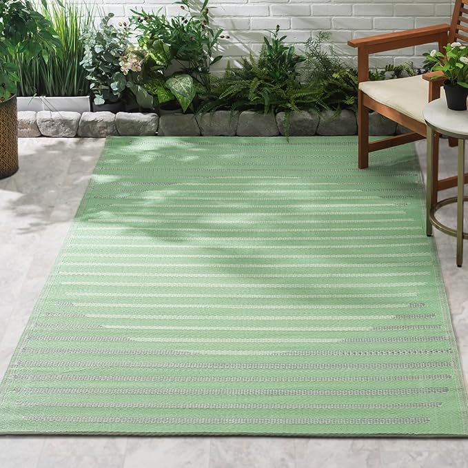 Fab Habitat Striped Outdoor Rug - Waterproof, Fade Resistant, Crease-Free - Premium Recycled Plastic - Patio, Porch, Deck, Balcony - Kyoto - Green - 5 x 8 ft