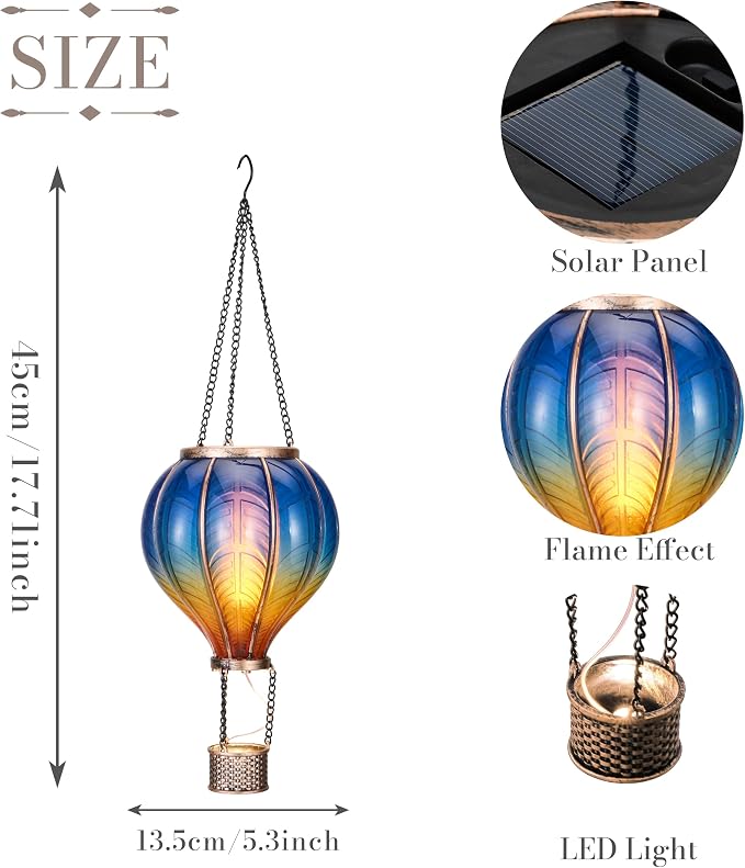 TERESA'S COLLECTIONS Hot Air Balloon Lantern for Garden Decor ,Flickering Flame Hanging Light for Outdoor ,Blue & Yellow Plastic Lamp for Yard Tree Gift for Mom