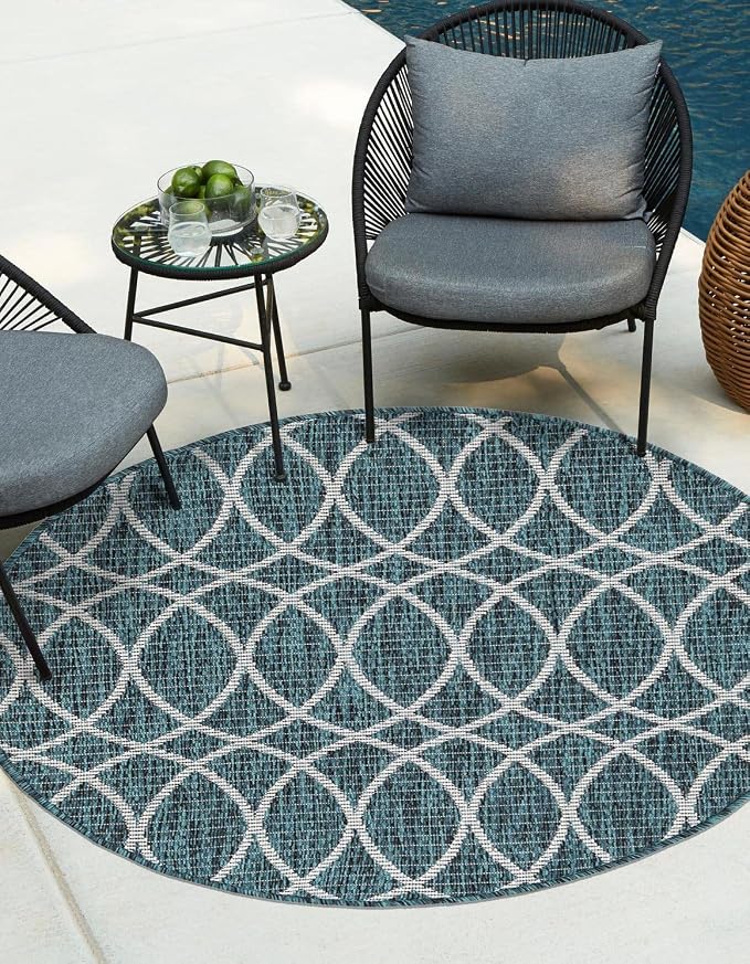 Unique Loom Outdoor Trellis Collection Area Rug - Gitter (10' Round, Teal/ Ivory)