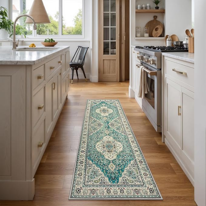 Lahome Felice Floral Medallion Runner Rug - 2x7 Hallway Kitchen Vintage Runner, Non-Slip Washable Lightweight Low-Pile Bedside Mat Indoor Floor Carpet for Entrance Laundry Bathroom, Sky/Baby Blue