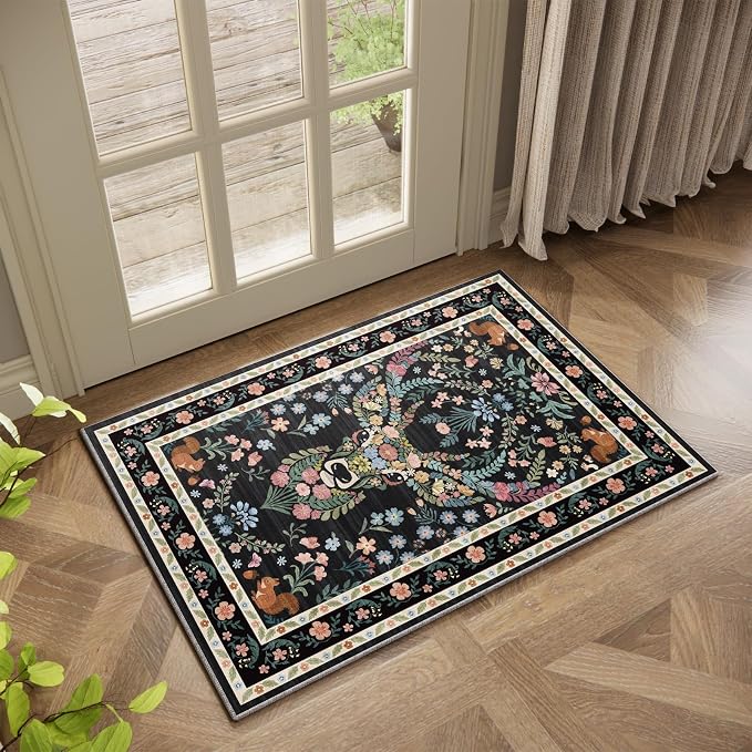Non-Slip Washable Entry Rug Vintage Floral Deer Pattern 2x3 - Bohemian Forest Animal Carpet with Squirrel & Butterfly, Soft Decorative Area Rug for Living Room Bedroom Home Decor