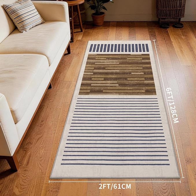2x6 Washable Runner Rug for Hallway, Modern Geometric, White Brown Black | Striped Abstract Pattern, Ivory Low Pile Non Slip Runner for Kitchen Entryway Laundry Room Bedroom, Soft Faux Wool