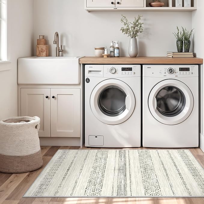 Miukiki 3x5 Washable Area Rug Moroccan Soft Non Slip Entryway Rug Grey | Machine Washable 3x5 Rug for Bedroom Kitchen Living Room, Low Pile Indoor Floor Carpet with Vintage Pattern