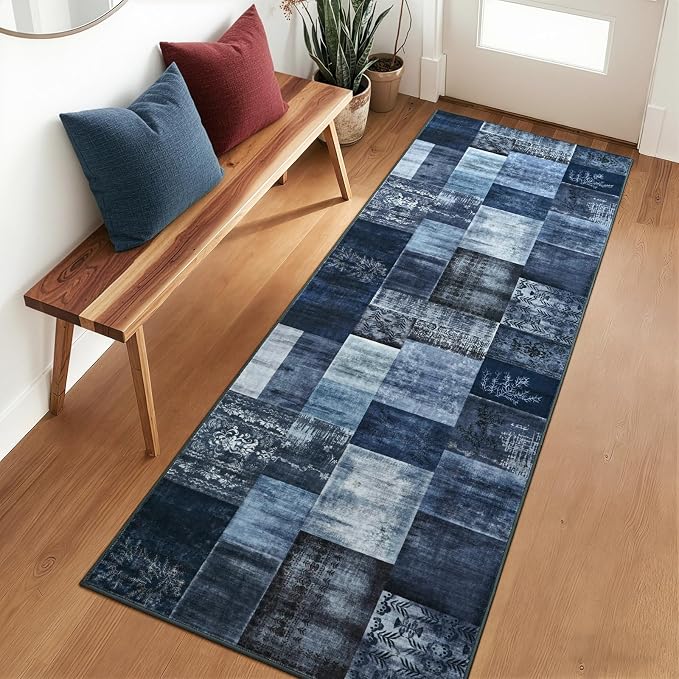 Runner Rug for for Hallways, 2'x6' Washable Kitchen Rugs with Non Slip Rubber Backing, Soft Low Pile Non-Shedding Geometric Carpet for Laundry Bedroom Bathroom, Navy Blue