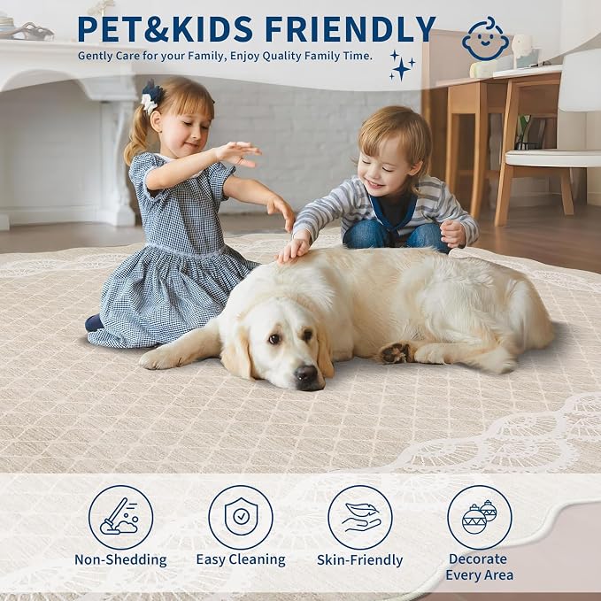 Garvee Washable Scalloped 8x10 Area Rug for Living Room Lace Beige Rug | Soft Non Slip Rugs for Bedroom, Low Pile Neutral Rug, Stain Resistant Foldable Carpet for Playroom Dorm, Farmhouse Rugs