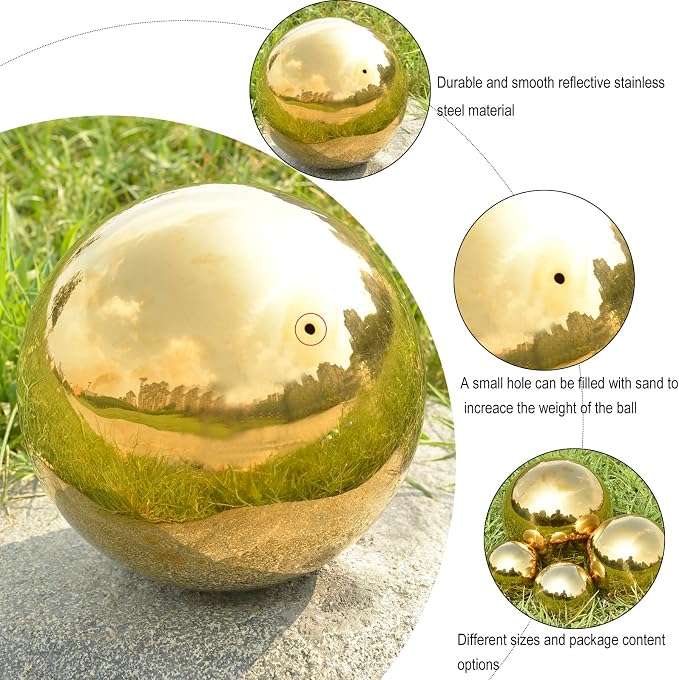 Gazing Ball Garden Mirror Outdoor - Outside Decorative Globe, Gold, 10Pcs | Metal Polished Reflective Sphere, Stainless Steel Hollow Decoration Ornament for Home Pond Swimming Pool Housewarming Gift