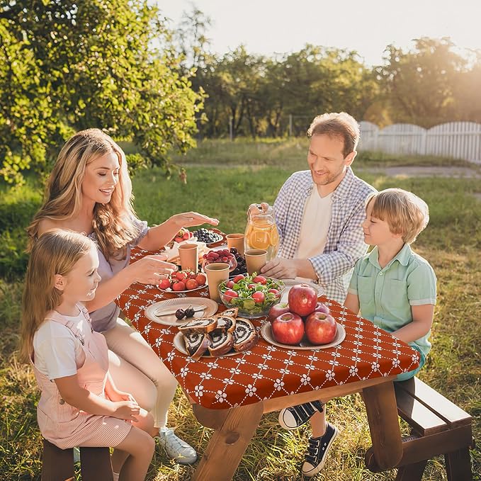 misaya Rectangle Vinyl Table Cloth, Elastic Fitted Tablecloth with Flannel Backing, Waterproof Plastic Table Cover Fits 4 Foot Folding Tables for Picnic, Camping, Indoor and Outdoor (Rust, 30" x 48")