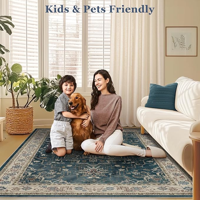 Distressed Vintage 5x7 Area Rugs for Living Room Bedroom Non Slip Washable, Medallion Pattern Printed Low Pile Farmhouse Carpet Rugs for Dining Room/Kitchen/Home Office, Deep Blue/Multi