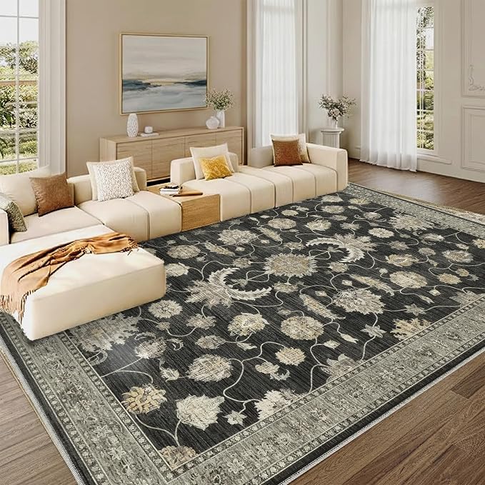 10x14 Area Rugs Washable Large Vintage Rug for Living Room Bedroom | Farmhouse Boho Floral Neutral Washable Stain Resistant Indoor Carpet for Bedroom Office and Home Decor (Black&Gold)