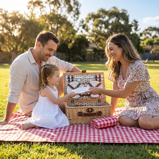 Multifunctional Wicker Picnic Basket Set for 4 Blanket Family Folding Wine Table,Insulated Portable Extra Big Storage Capacity Woven Rattan Canasta De Full Tablewares Camping Outdoor Flowers Star