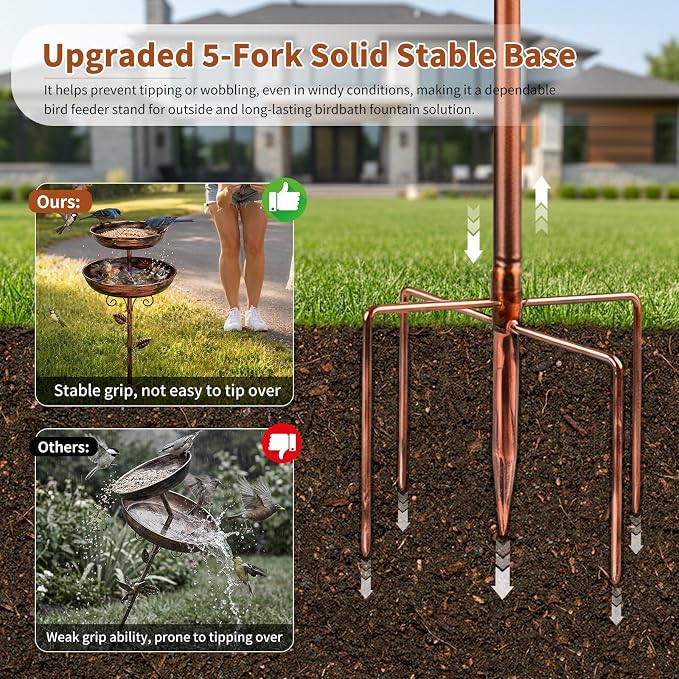 2-in-1 Tall Bird Bath and Feeder for Outdoors, 47" Adjustable Metal Standing Birdfeeder with 5-Prong Base, Antique Copper Finish Rustproof Water Bowl & Seed Tray Station for Garden Yard Patio Decor