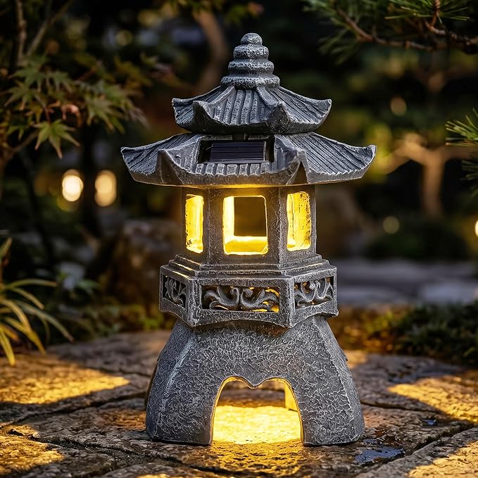 Solar Zen Garden Statue, Pagoda Lantern with 3 Solar Panels, Outdoor Decor for Landscape Patio, Balcony and Yard, Gift for Women Mom and Gramma