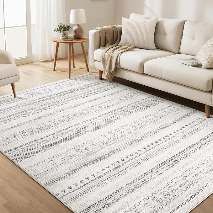 kakania Washable 6x9 Area Rug for Living Room: Boho Geometry Home Decor | Soft Stain Resistant, Low-Pile, Non-Slip, Pet & Kid Friendly, Thin Rug for Bedroom/Dining Room/Kids Dorm - Grey