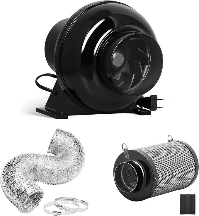 iPower 4 Inch 195 CFM Inline Fan, Air Carbon Filter and 8 Feet Ducting, Circulation Vent Blower Kits for Grow Tent Ventilation, Low Noise