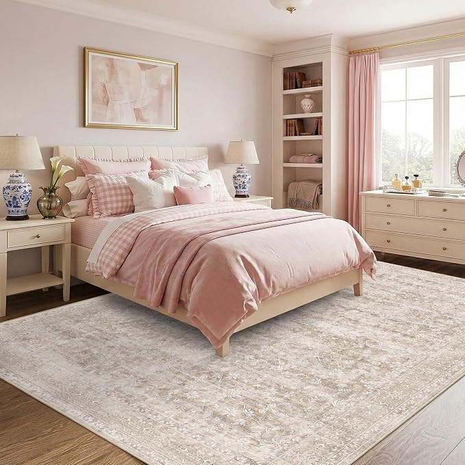 Latte&Fog Beige 8x10 Area Rugs for Living Room Netural Large Washable Rugs | Non Slip Low Pile Soft Floral Carpet for Girls Bedroom Dining Kitchen Kids Playroom Nursery Classroom Dorm Farmhouse Office