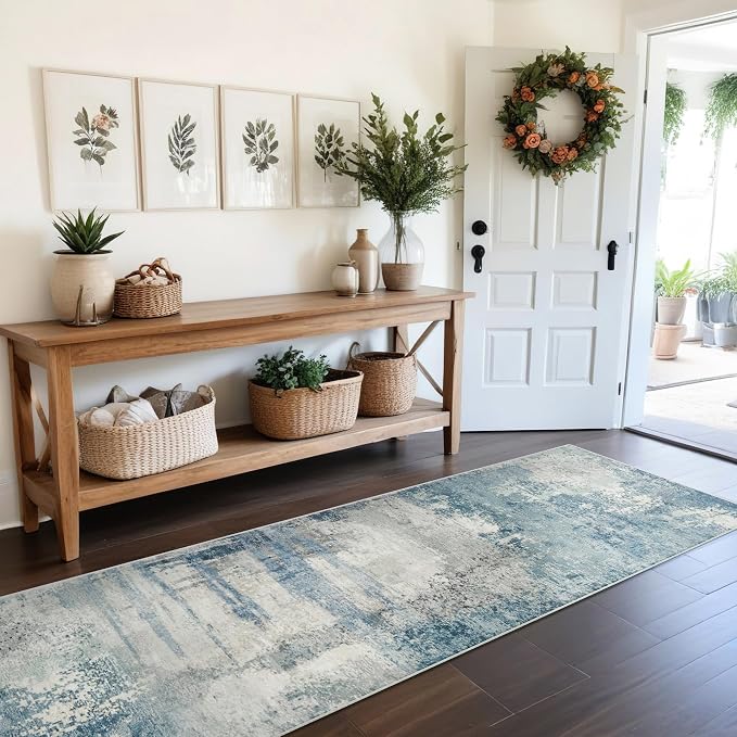 8 Foot Washable Runner Rug: Non Slip Abstract Kitchen Entryway Carpet Blue | Bedroom - Soft Stain Resistant Easy Clean Mat for Family with Pets