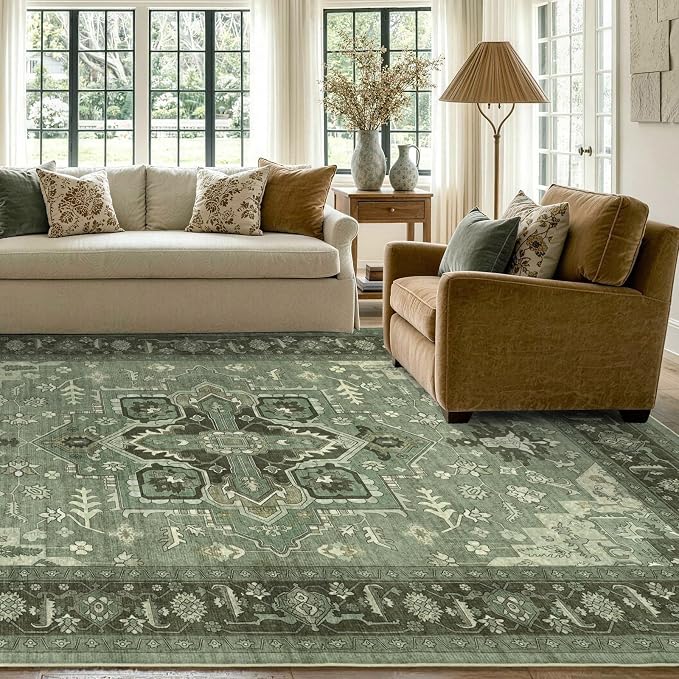 5x7 Ft Area Rugs for Living Room, Soft Non-Slip Machine Washable Rug, Vintage Stain Resistant Carpets for Bedroom Nursery Dining Room Home Decor (Green)