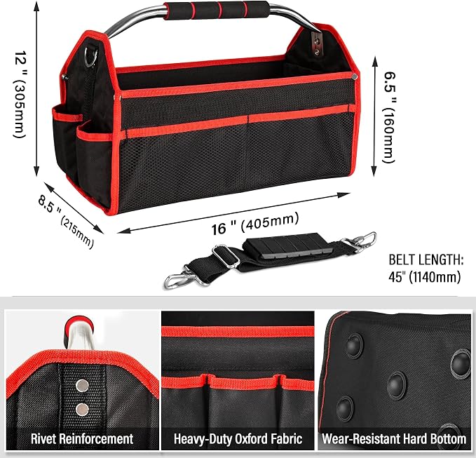 HAUTMEC 16" Foldable Tool Tote Bag, Open Top Tool Bag with Stiff Frame, 16-Pockets Electrician Tool Bag with Padded Steel Handle, Shoulder Strap & Water-Resistant Hard Base – TB0002