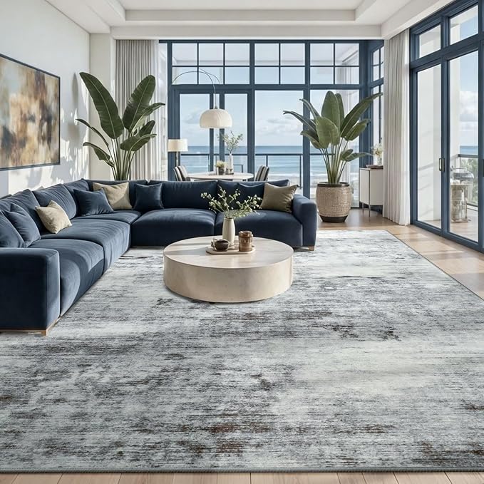 Toneed Washable 6x9 Grey Area Rug with Non-Slip Backing for Living Room | Abstract Modern Rugs, Soft Low Pile Carpet for Bedroom Kitchen Dining Room Nursery Indoor Floor Office Home Decor