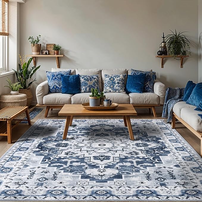 LBRO2M Machine Washable Rug Soft Pet Friendly Carpet 5X7 Blue | Persian Rug 5X7 for Living Room, Bedroom, Dining Room, Home Office, Non Slip Carpet, Foldable Stain Resistant Rugs