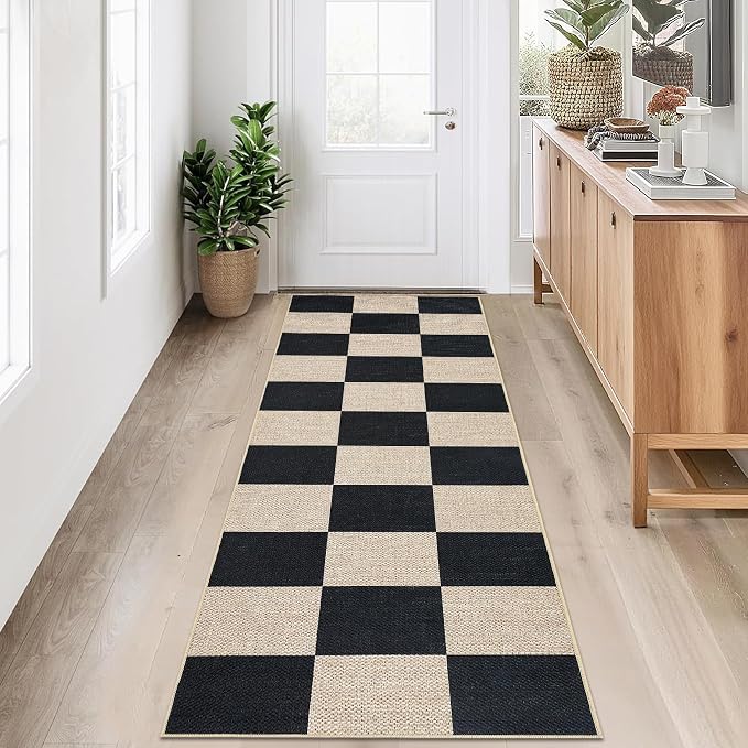 Garvee 2x6 Runner Rug Kitchen Rugs Washable Easy Jute Rug, Black/Beige | Modern Checkered Rug Hallway Runner Rug Stain Resistant Easy Cleaning Non Shedding Floor Cover for Laundry Entryway