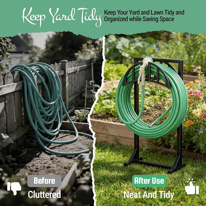 YQSLYSF 2 Pack Garden Hose Holder, Water Hose Stand with 4 Stake and 2 Tool Hooks, Heavy-Duty Metal Hose Storage Holds 150Ft, Freestanding Hose Hanger Rack for Outside, Yard, Lawn, Farm