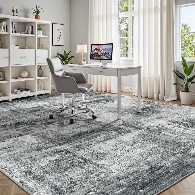 8x10 Area Rug for Living Room, Abstract Washable Non-Slip Large Rugs, Grey | Neutral Carpets for Bedroom, Dining Room, Home Office Nursery Indoor, Stain Resistant, Low Pile, Non-Shedding Modern Rug