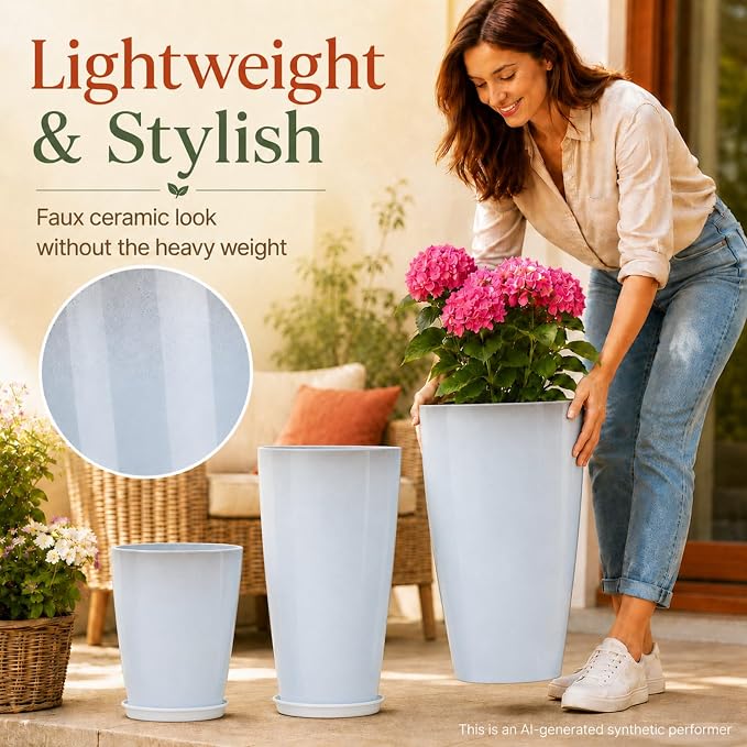 Neoaider Set of 3 Tall Planter, 24/21/12in Large Plastic Planter, Off White | Ceramic-Look, Lightweight, Built-in Drain Hole, Saucers, Tall Outdoor Planter for Porch, Garden, Patio, Balcony