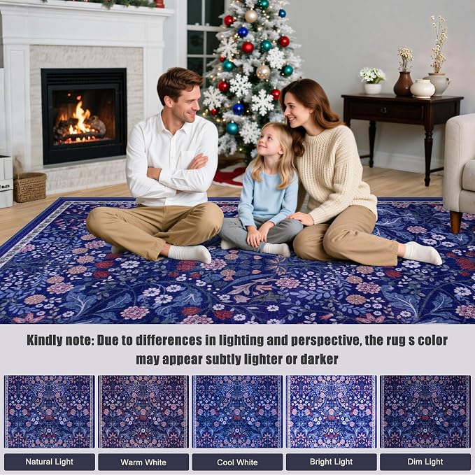 PLHXFR Round Area Rug Living Room: 4 ft Floral Washable Soft Carpet Blue | For Bedroom Dining Room Farmhouse Nursery Hallway,Vintage Floral,Machine washable,Non Slip,Stain Resistant,Large Indoor