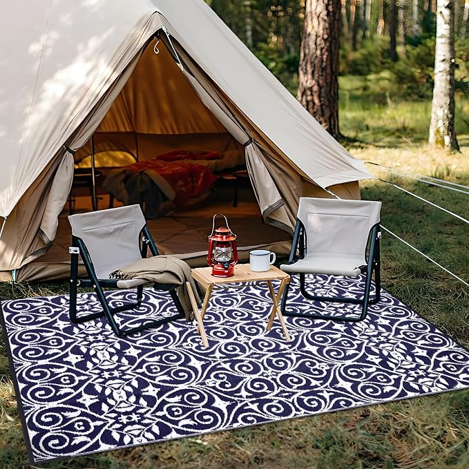 OLANLY Outdoor Rug Waterproof 6x9 ft Clearance, Reversible Outdoor Plastic Straw Rug with Floral Pattern, RV Mat for Patio, Camping, Balcony, Deck, Backyard, Navy & White