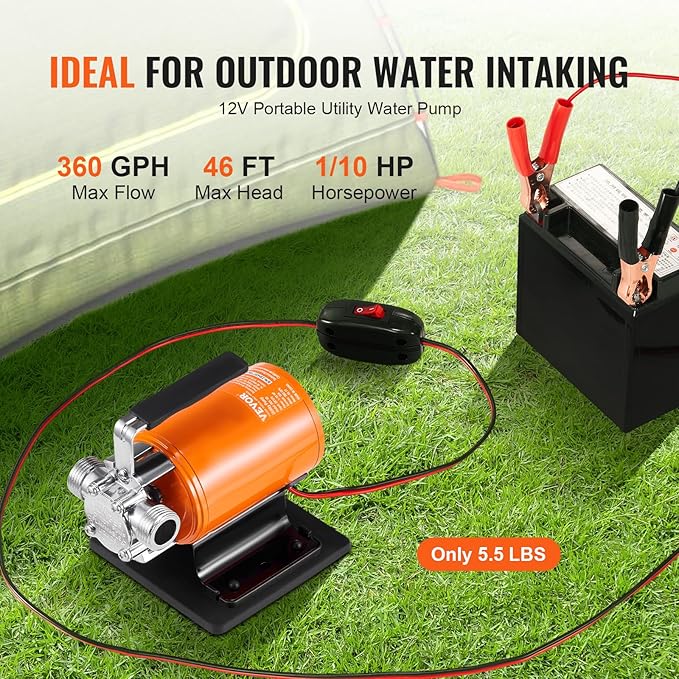 VEVOR Water Transfer Pump 12V, Battery Powered Utility Pump 360 GPH, 1/10HP Portable Electric Water Pump with Switch, 6 ft Suction Hose Kit, For Water Removal, Nonsubmersible