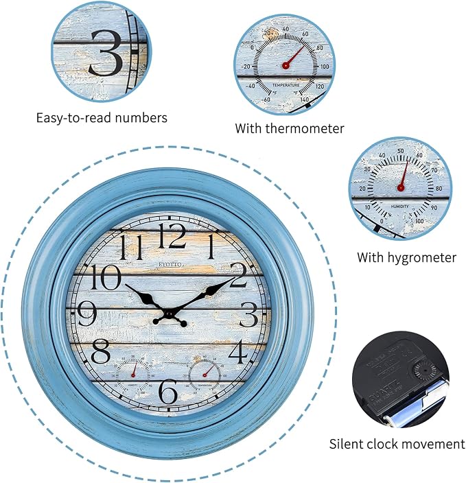 eYotto 18 Inch Large Indoor Outdoor Wall Clock Waterproof with Temperature and Humidity Display, Battery Operated Silent Non-Ticking for Garden,Pool, Patio,Porch,Bathroom,Beach House Decorative