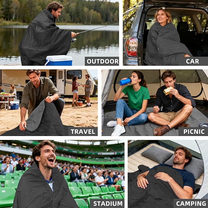 Large Waterproof Outdoor Blanket Thick Fleece 80" x 58" | Windproof Stadium Blanket, Wearable Poncho, Machine Washable for Camping, Car, Pet, Picnics - Black Gray