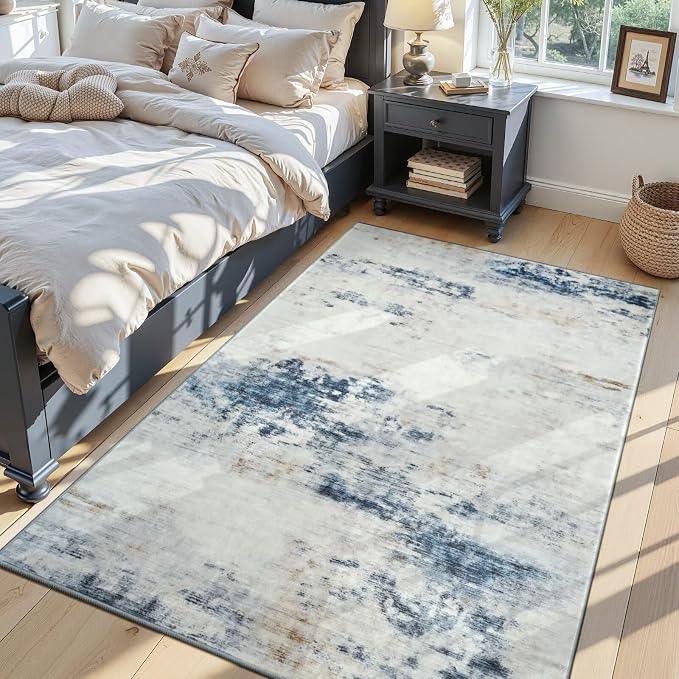 Toneed 4x6 Washable Non Slip Abstract Area Rugs for Bedroom Living Room | Soft Modern Low Pile Rug for Kitchen Hallway Office,Indoor Carpet for Kids Nursery Home Decor, Blue/White