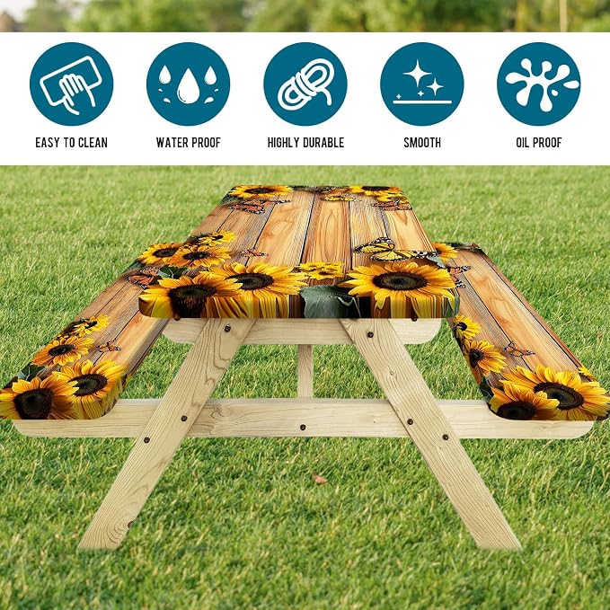 3PCS Picnic Table Cover with Bench Cover, Outdoor Patio Camping Essentials Farmhouse Sunflower Table Covers with Elastic Waterproof Camping Tablecloth with Drawstring Bag, 72In