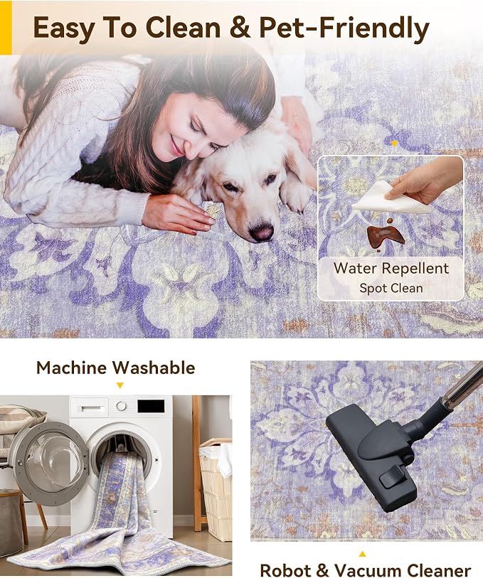RELEANY Washable Area Rug, 3'x4', Purple | Non-Slip, Water Repellent, Pet Friendly, Easy to Clean, Vintage Floral Boho Decor for Living Room Bedroom Beside Kitchen