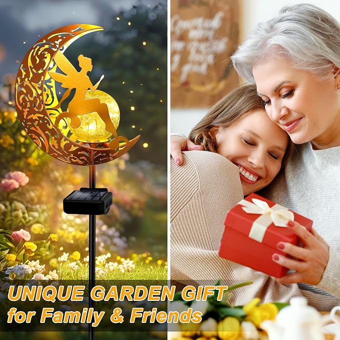 2 Pack Solar Garden Lights Waterproof, Pathway Stake Lights, Gift for Women Mom Grandma Wife Daughter, Moon Fairy Glass Globe with Angel Decor, Outdoor Decor Lights for Walkway Yard Lawn Patio Garden