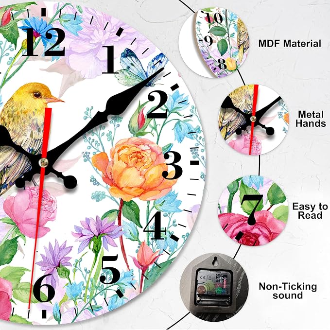 Wall Clocks Battery Operated, Colorful Flowers and Bird Silent Non Ticking Decorative Indoor Outdoor Wall Clocks for Living Room Kitchen Bedroom Bathroom 12"
