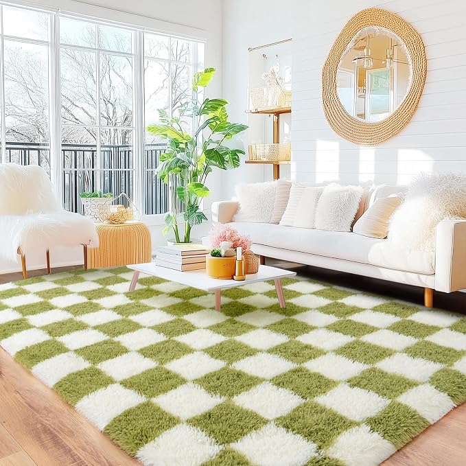 Checkered Rug 9x12 for Living Room, Ultra Fluffy Fuzzy Shag Large Area Rug for Bedroom, Modern Plush Soft Upgrade Non-Slip Carpet for Kids Girls and Boys Room Dorm Home Decor, Cream and Green