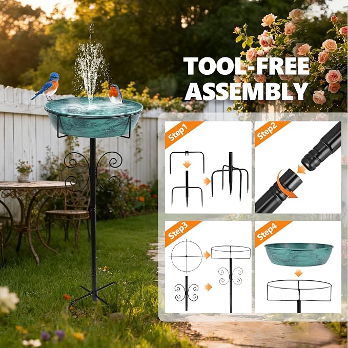3" Deep 43" Tall Metal Bird Bath for Outdoors, 12" Dia Removable Bird Baths Water Bowl for Outside, Vintage Standing Birdbaths with Stable Stake for Garden Yard Lawn Decor 1.4 Gallon, Blue-Green