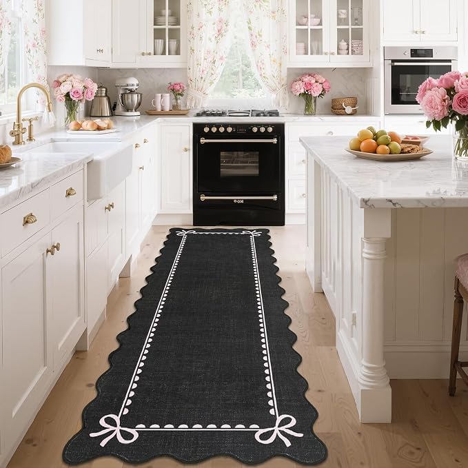 GarveeHome Scalloped Hallway Runner Rug 2.5x10 Non Slip Black Pink Rugs | Washable Bow Rug for Girls Bedroom Dorm Nursery Entyrway Kitchen, Soft Low Pile Ultra-Thin Stain Resistant Indoor Carpet