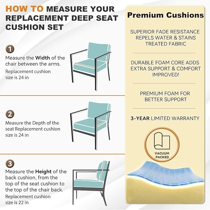 Deep Seat Patio Cushions Set, 24 x 24 Inch, Olefin Fabric, Rain-Proof & Fade Resistant, 1 Set